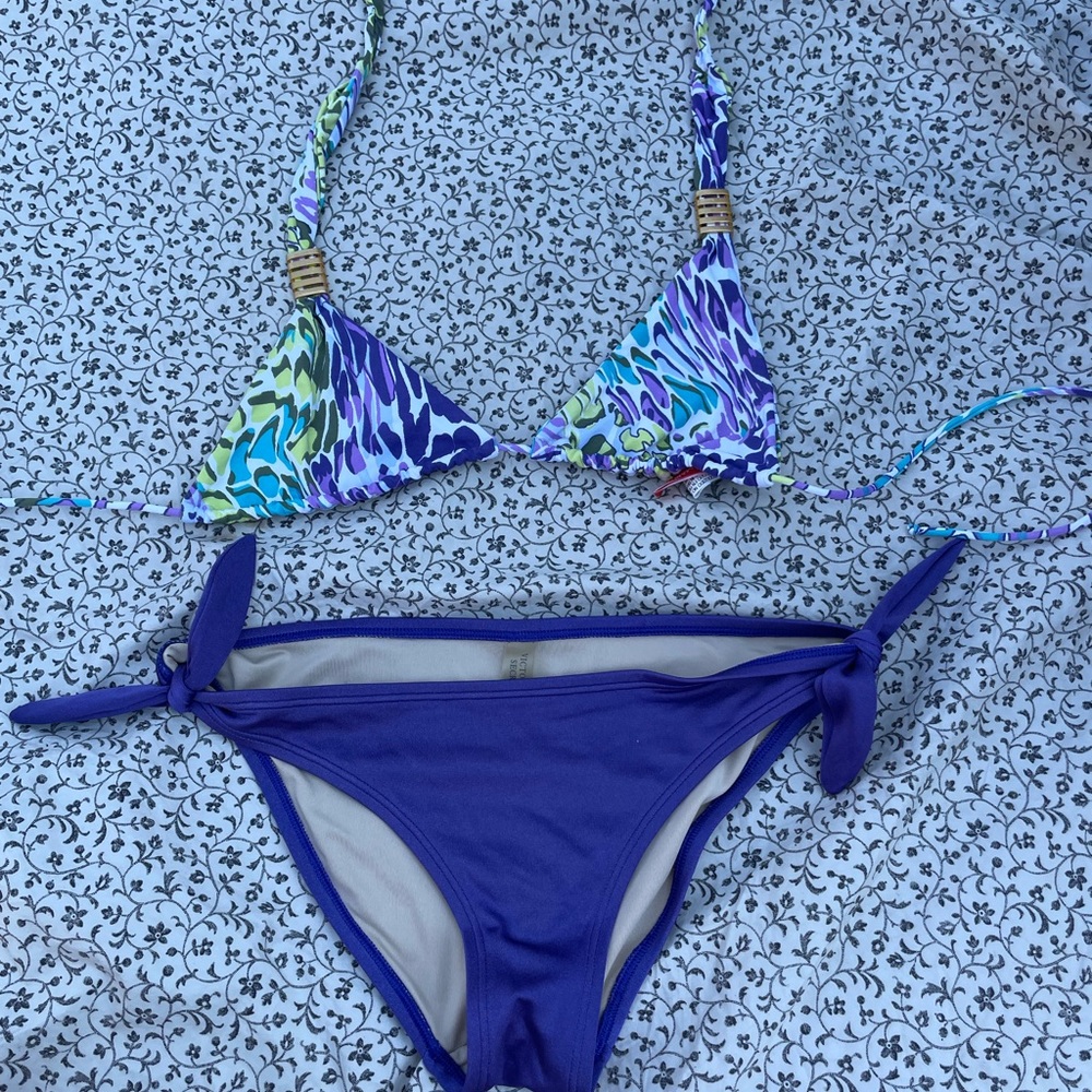 purple green and white bikini set with gold